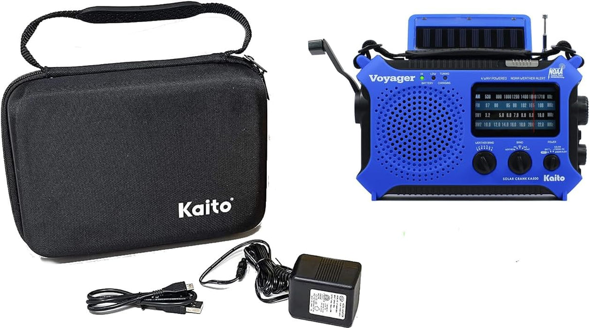 Kaito KA500 Voyager Solar Crank Emergency Weather Alert Radio Bundle with Case
