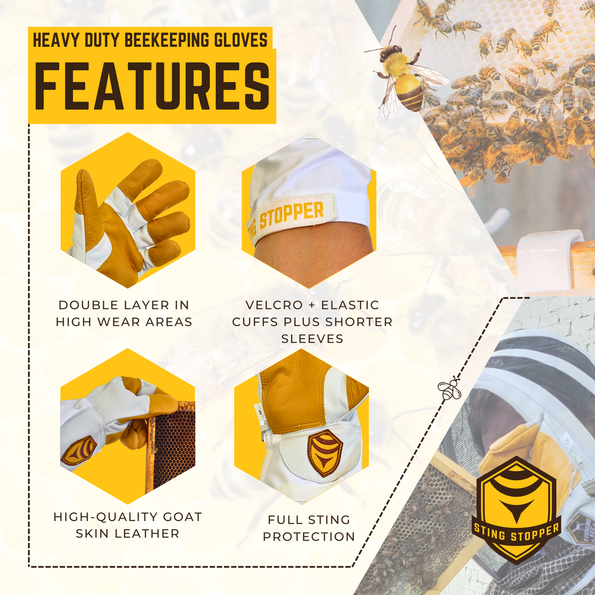 Sting Stopper Heavy Duty Goat Skin Beekeeping Gloves - Beekeeper White