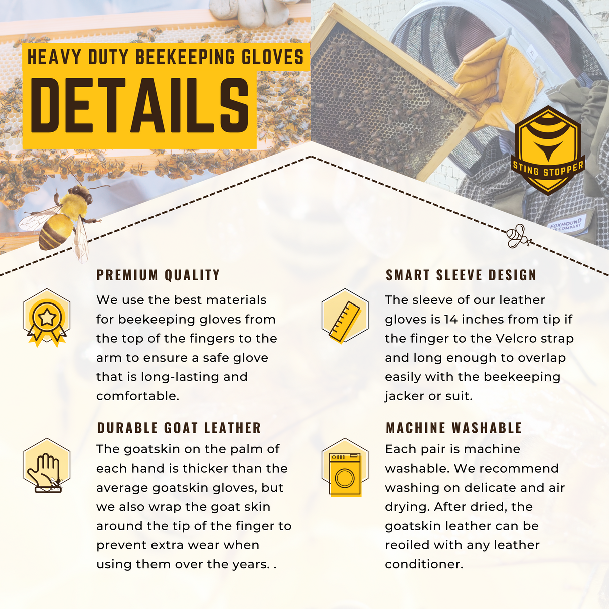 Sting Stopper Heavy Duty Goat Skin Beekeeping Gloves - Olive Green