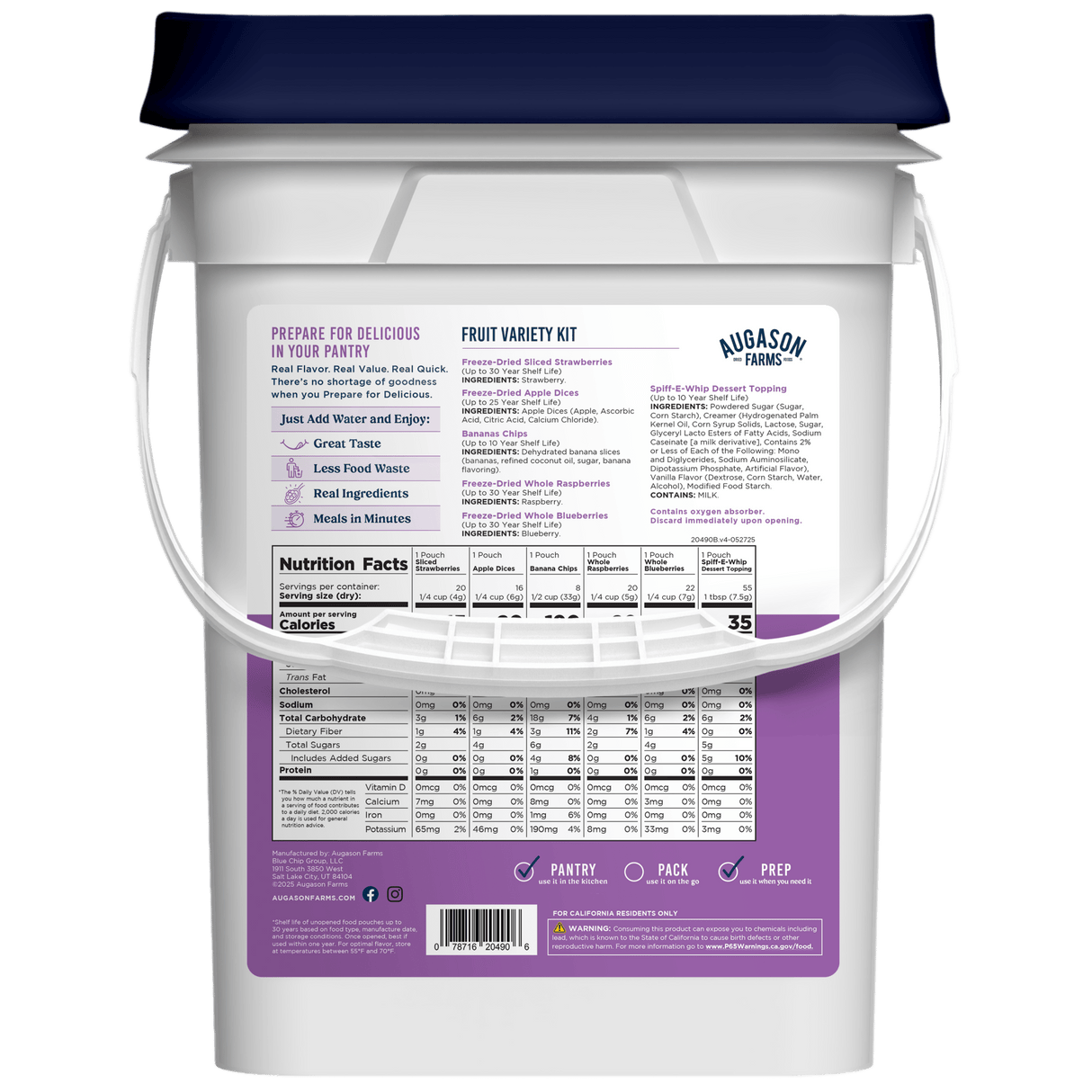 Dehydrated & Freeze Dried Fruit Variety Pail, 86 Servings