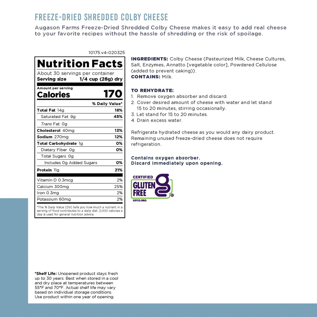 Freeze Dried Shredded Colby Cheese Can, 30 Servings