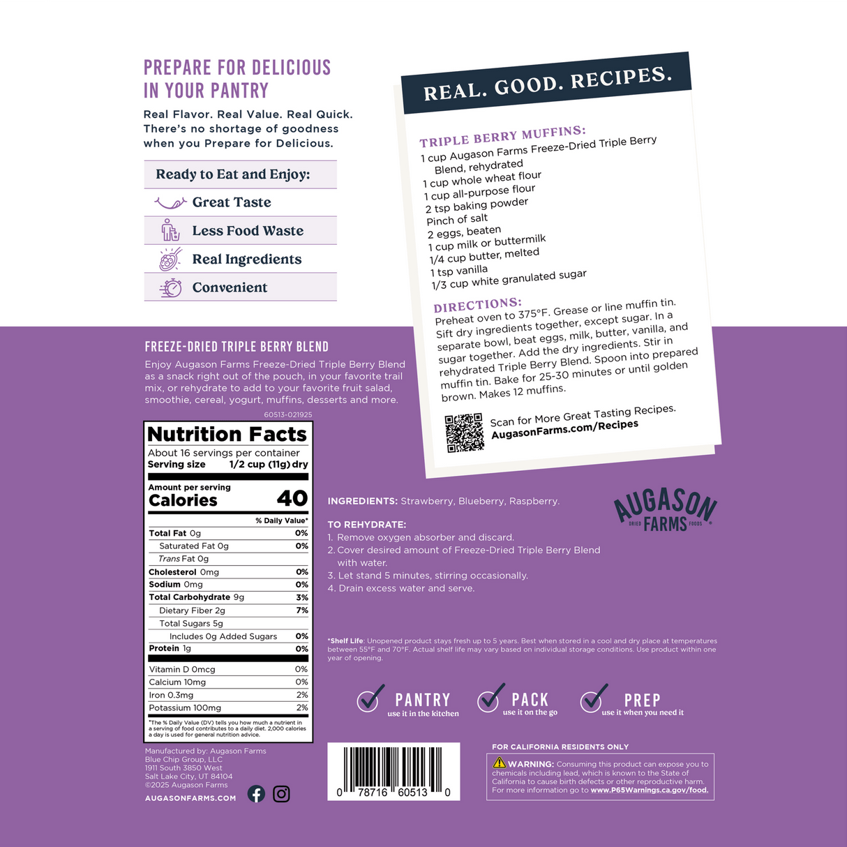 Freeze Dried Triple Berry Blend Family Size Pouch, 16 Servings