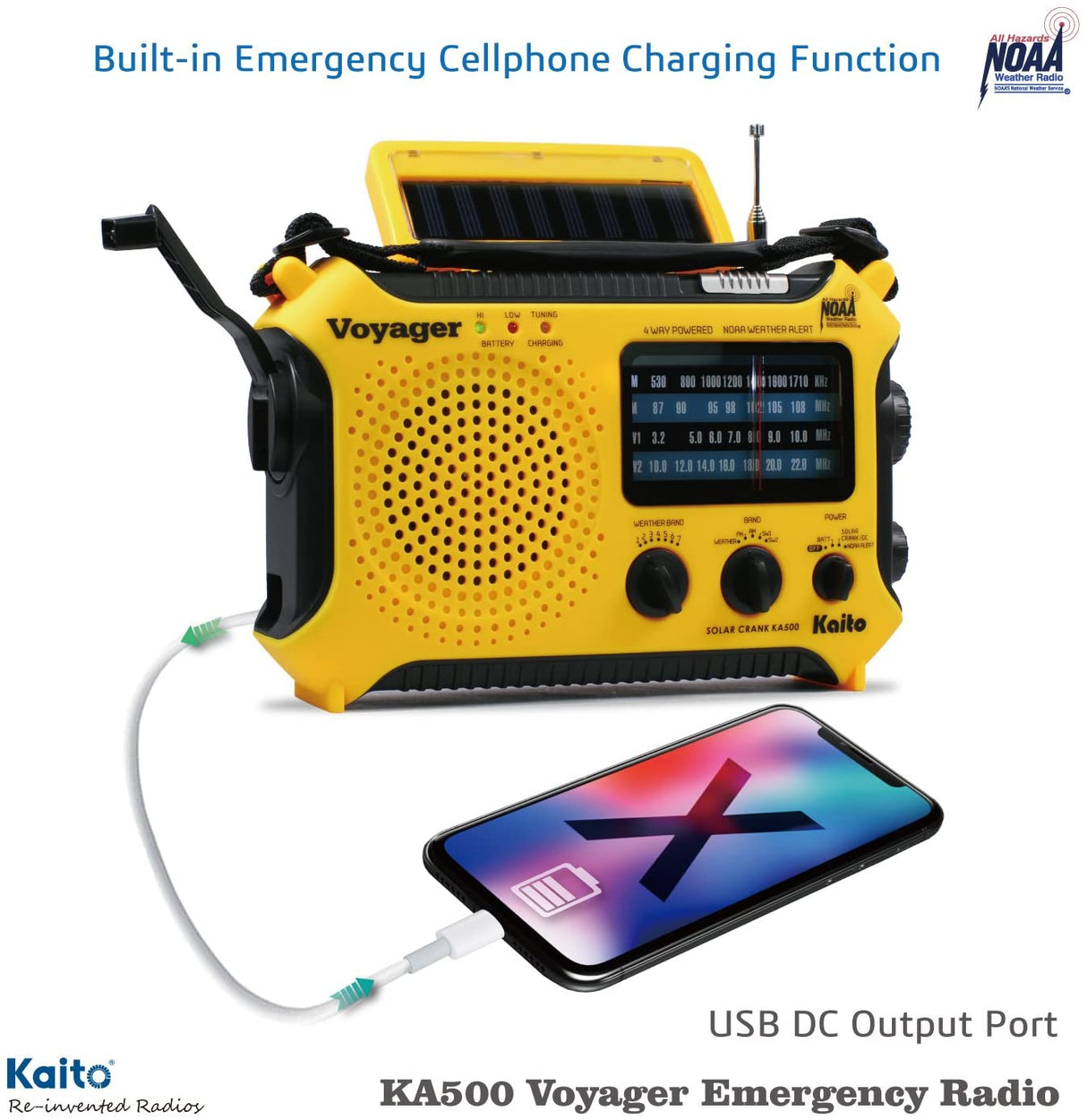 Kaito KA500 Voyager Solar Crank Emergency Weather Alert Radio with Adapter