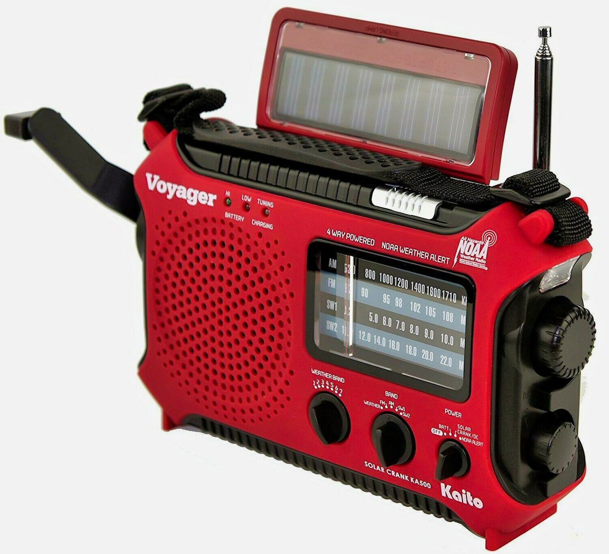 Kaito KA500 AM FM Shortwave Solar Crank Emergency Weather Alert Radio - Red