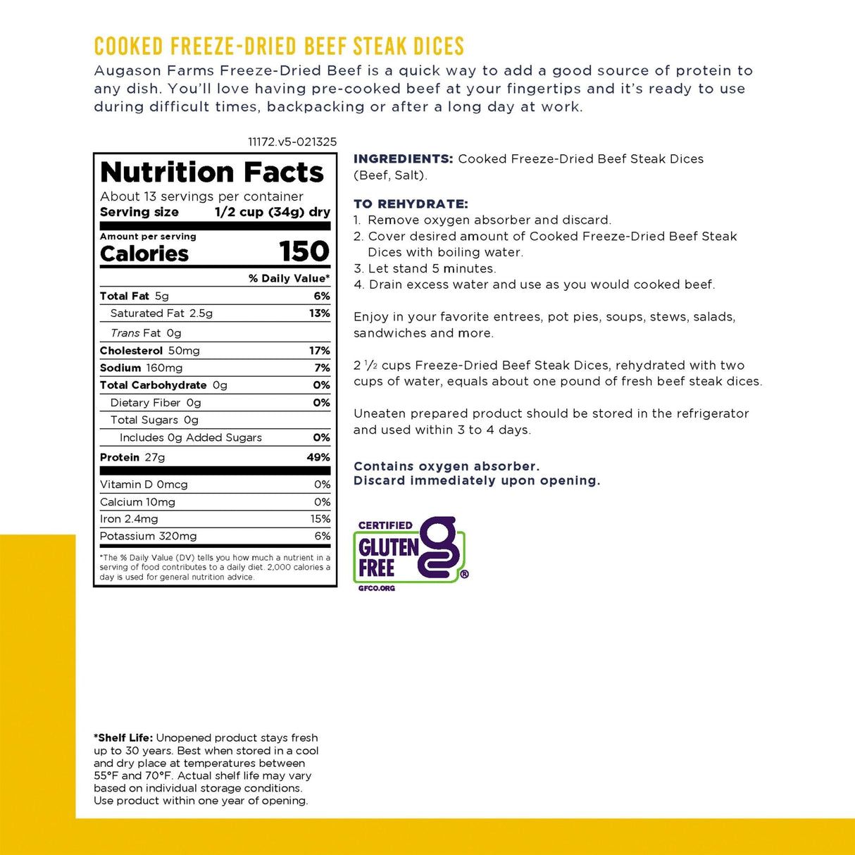 Cooked Freeze Dried Beef Steak Dices Can, 13 Servings