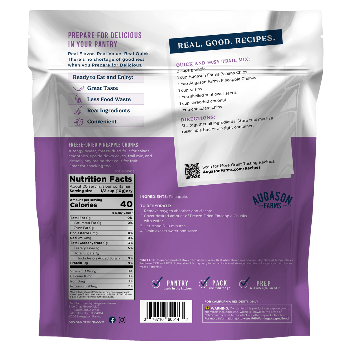 Freeze Dried Pineapple Chunks Family Size Pouch, 20 Servings