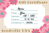 Seedville USA Shop Gift Certificate - Pink Flower Design - By Email or Postal Mail - You Choose Amount