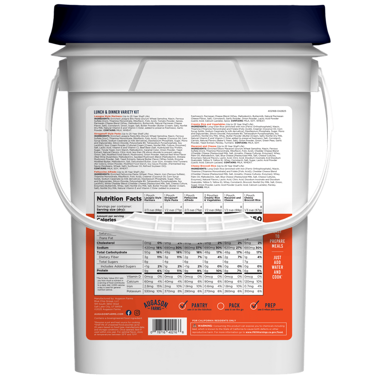 Lunch and Dinner Variety Pail, 113 Servings